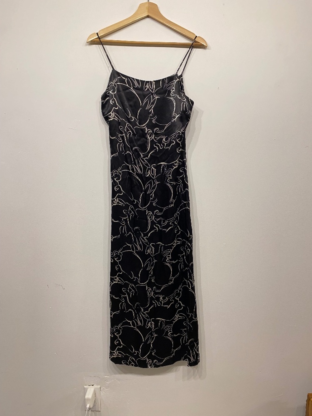Zara Black Satin Rabbit Print Midi Slip Dress Retro Feminine Clean XS